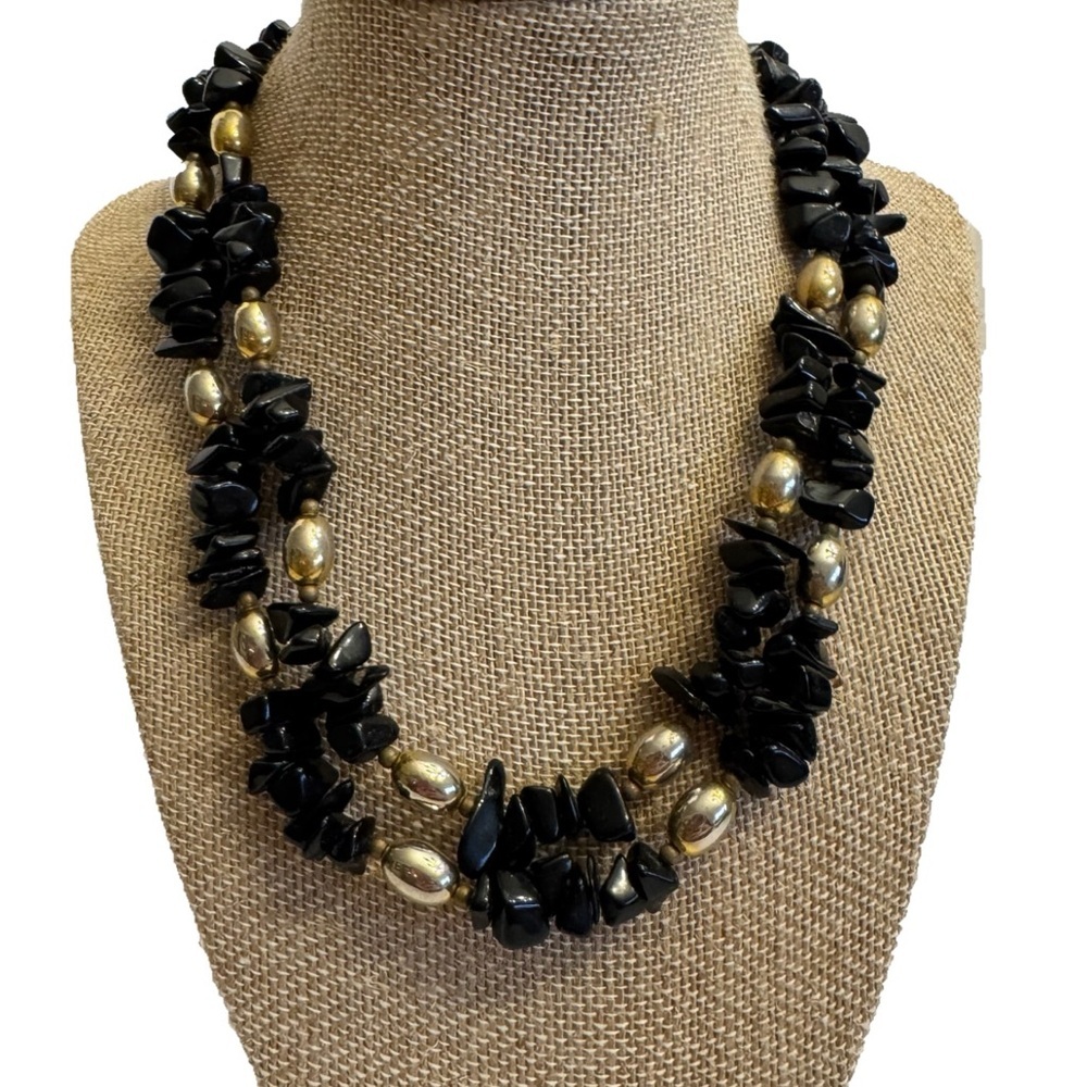Vintage Black Onyx Gemstone Chunky Chips & Gold Beads Double Strand Necklace 19"